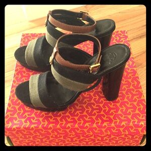 Tory Burch Black and Brown Strappy Block Heel Sandals with Gray Straps